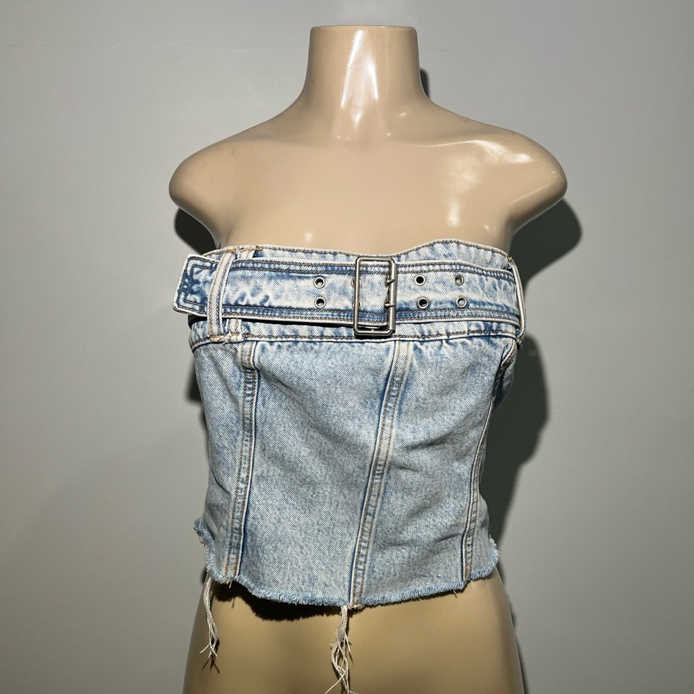Pull&Bear Light Blue Denim Strapless Crop Top